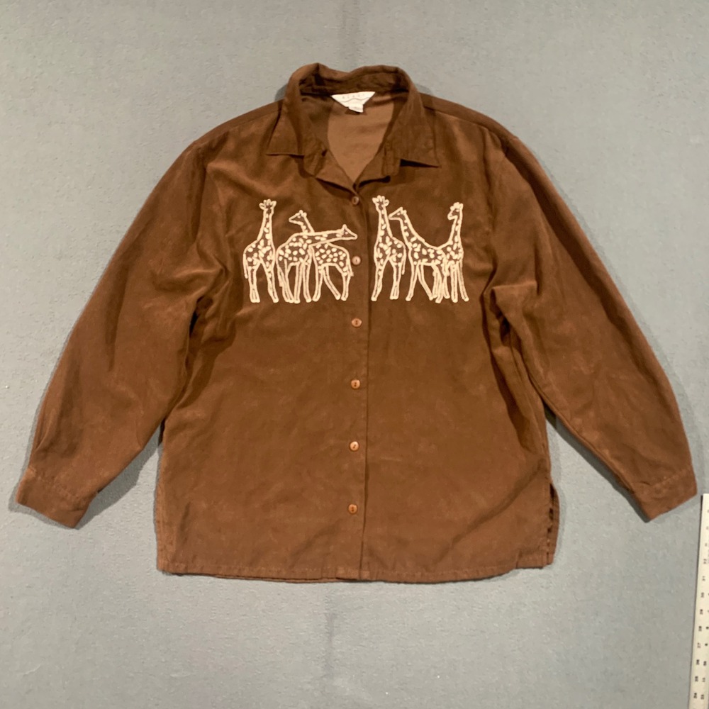Womens Vintage XL Chocolate Brown Faux Suede Giraffe Embroidered Button Shirt